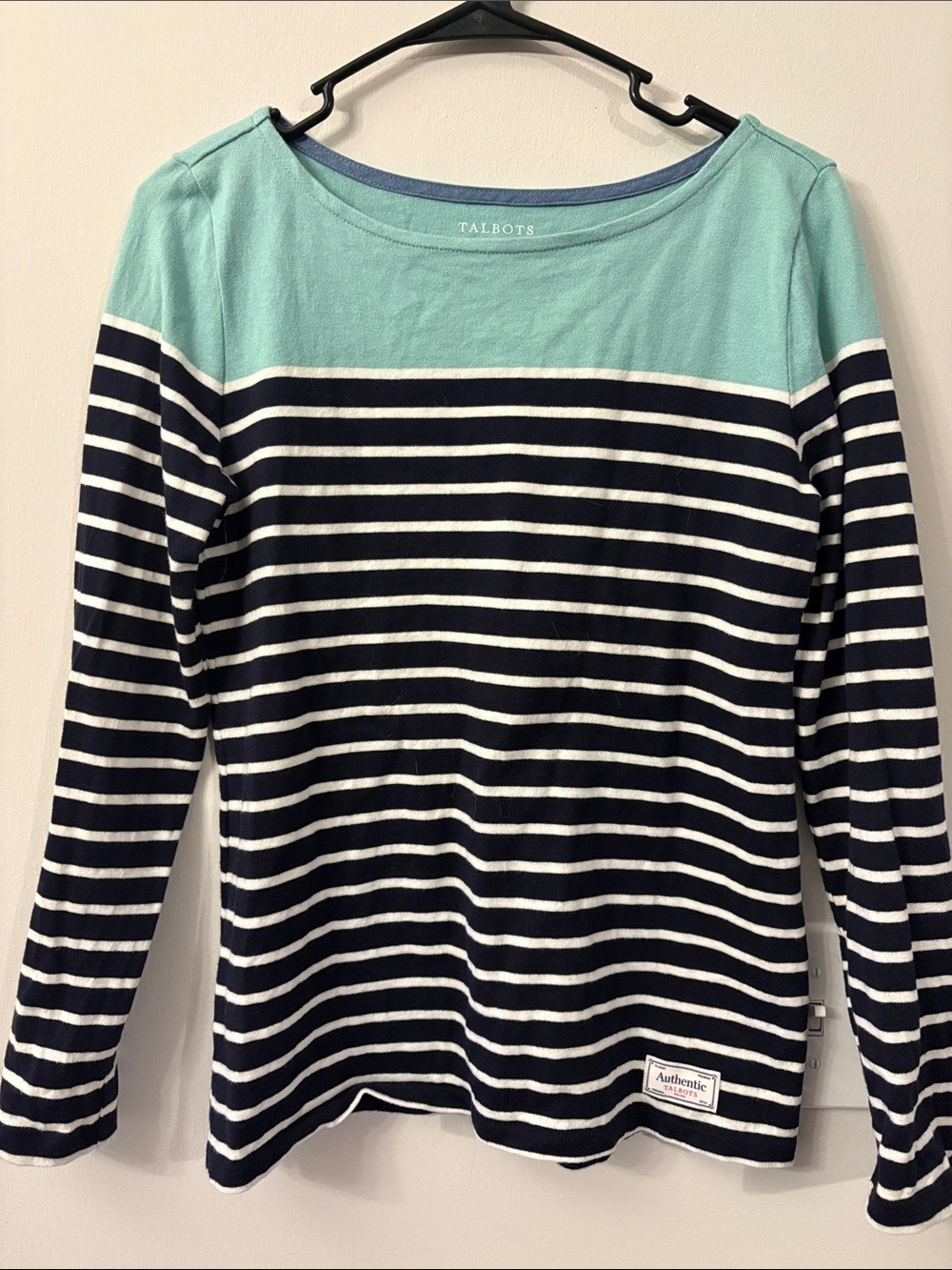 Talbots Mint Yoke Navy & White Striped Long-Sleeve Top